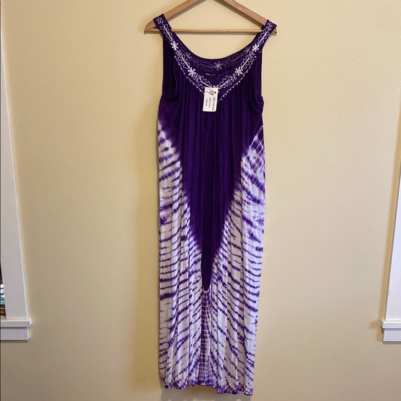 Dresses & Skirts - 100% Viscose Free Size Purple White Tie-Dye Summer Dress Floral Embroidered